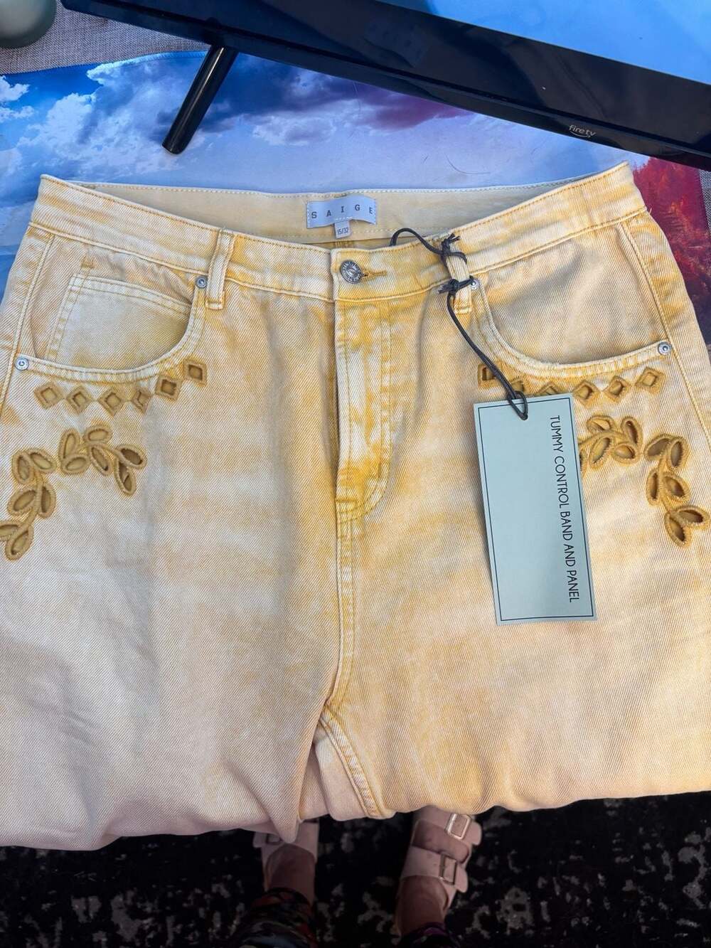Saige Yellow Mineral Wash Embroidered Tummy Control Barrel Jeans